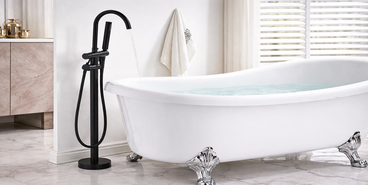 Fontana Marseille FS1371 matte black freestanding tub faucet with hand shower